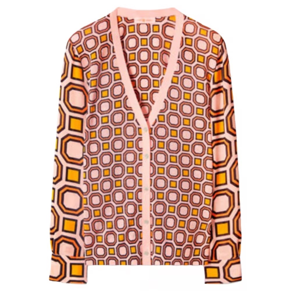 TORY BURCH Silk Sleeve Cotton Geometric Cardigan Large